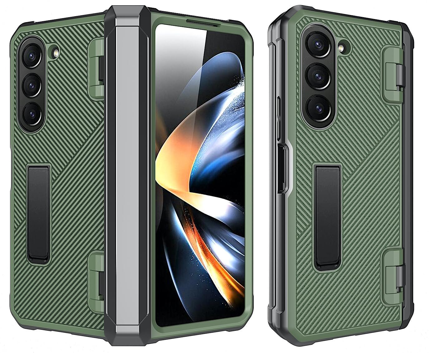 Pro Shield Dual Layer Shockproof Hybrid Kickstand Case with Hinge Protection for Samsung Galaxy Z Fold5 / Galaxy Fold 5 Case Cover - Rugged Green