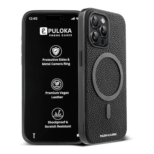PULOKA Magfit Mobile Back Cover - Compatible with iPhone 15 Pro Max- Mag-Safe Design - Textured Vegan Leather - Electroplated Sides Bumper Case - Camera Protetection & Raised Edges - Black