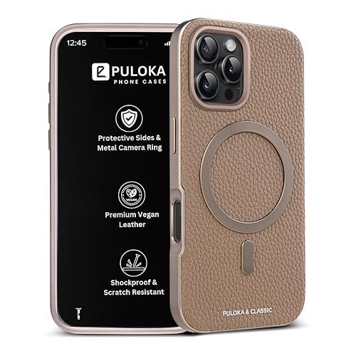 PULOKA Magfit Mobile Back Cover - Compatible with iPhone 16 PRO MAX - Mag-Safe Design - Textured Vegan Leather - Electroplated Sides Bumper Case - Camera Protetection & Raised Edges - Apricot
