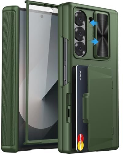SIXBOX for Samsung Galaxy Z Fold 6 Case with Slide Lens Cover & Card Holder, Built-in Hinge Protection & Screen Protector, Heavy Duty Full Body Protective Phone Cover Case for Galaxy Z Fold 6, Green