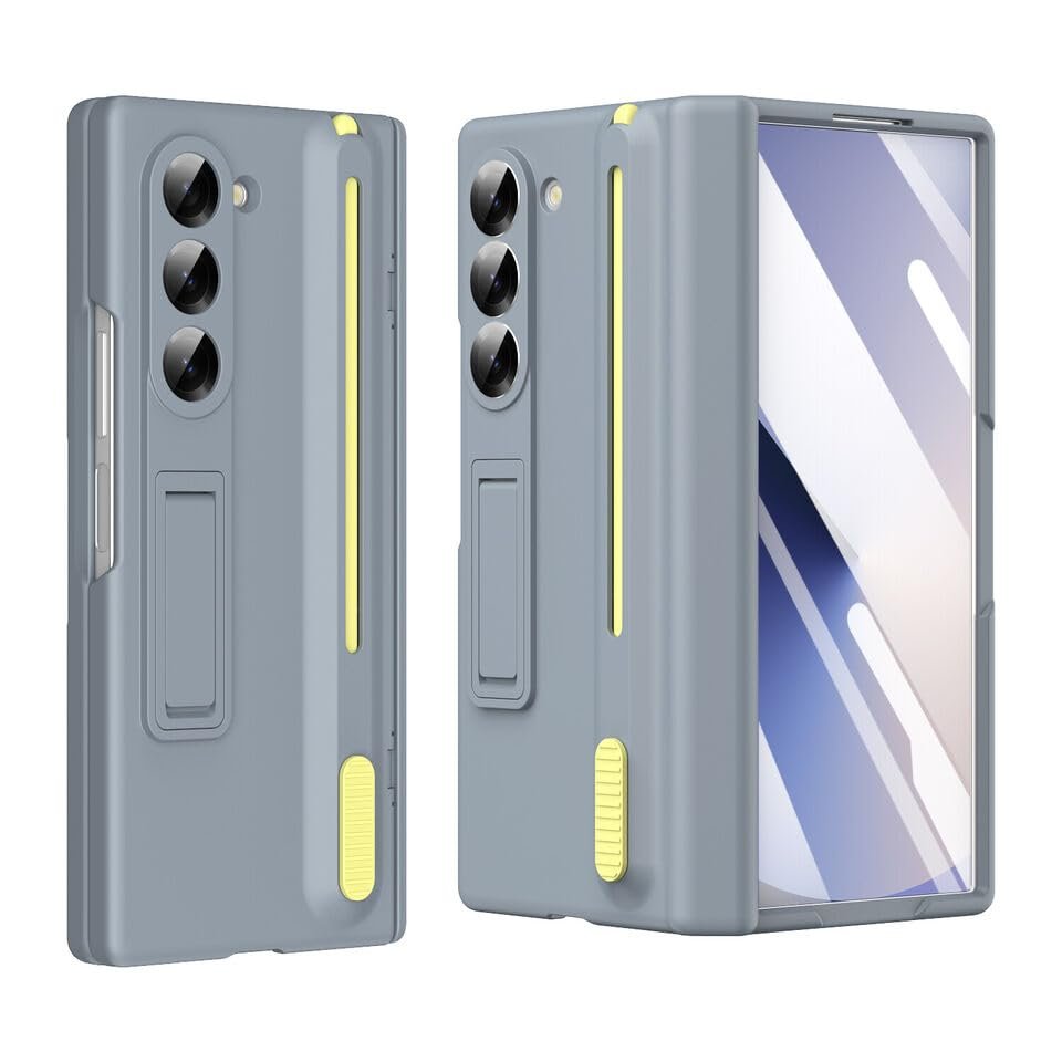 TechTrendz Protective Kickstand Phone Case for Samsung Galaxy Z Fold 6,Shockproof Stand Case with in Built Front Glass Protector Pen Case Compatible with Z Fold 6 5G - (Grey,Not Original S Pen)