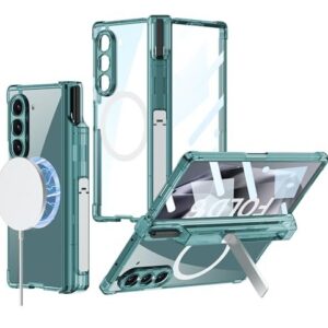 Transparent Shockproof Airbag Series Magnetic Charging Support Back Case/Cover with S Pen Hoder, Hinge Cover & Kickstand for Samsung Galaxy Z Fold 6 5g - (Clear Green |)