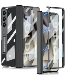 Transparent Slim Electroplated Back Case/Cover with Front Glass,Hinge Cover & Kickstand for Samsung Galaxy Z Fold6 / Galaxy Fold 6 Case Cover - (Clear Black |)