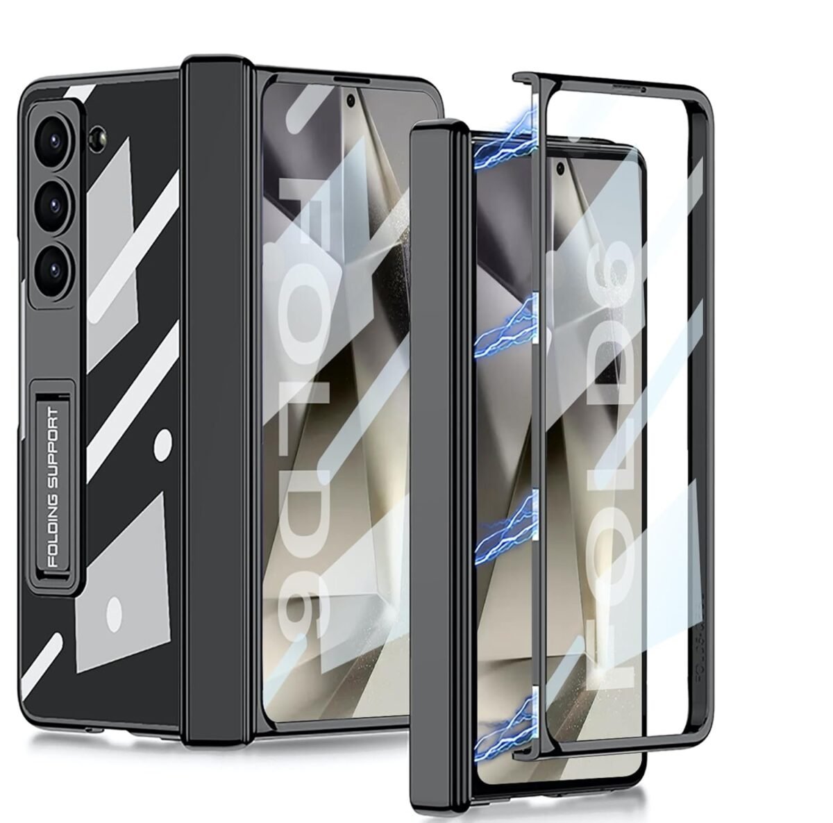 Transparent Slim Electroplated Back Case/Cover with Front Glass,Hinge Cover & Kickstand for Samsung Galaxy Z Fold6 / Galaxy Fold 6 Case Cover - (Clear Black |) - Image 7