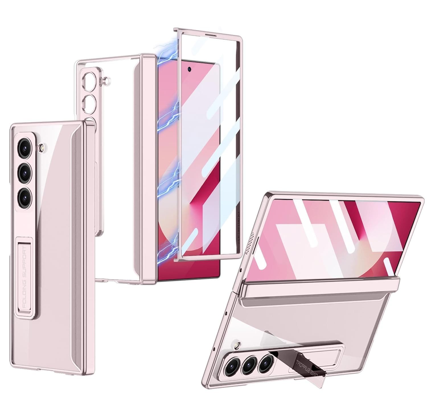 Transparent Slim Electroplated Back Case/Cover With Front Glass,Hinge Cover & Kickstand For Samsung Galaxy Z Fold6 / Galaxy Fold 6 Case Cover -