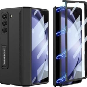 Ultra Hybrid PC/Glass/Leather/Compatible with Samsung Galaxy Z Fold 5 (2023) Case | with Magnetic Hinge Protection, Screen Protector, Adjustable Kickstand for Fold 5 Case (Black)