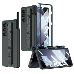 Ultra Thin Case/Cover with Leather Strap & Hinge Protector S Pen Holder for Samsung Galaxy Z Fold5 / Galaxy Fold 5 Case Cover - Matte Black