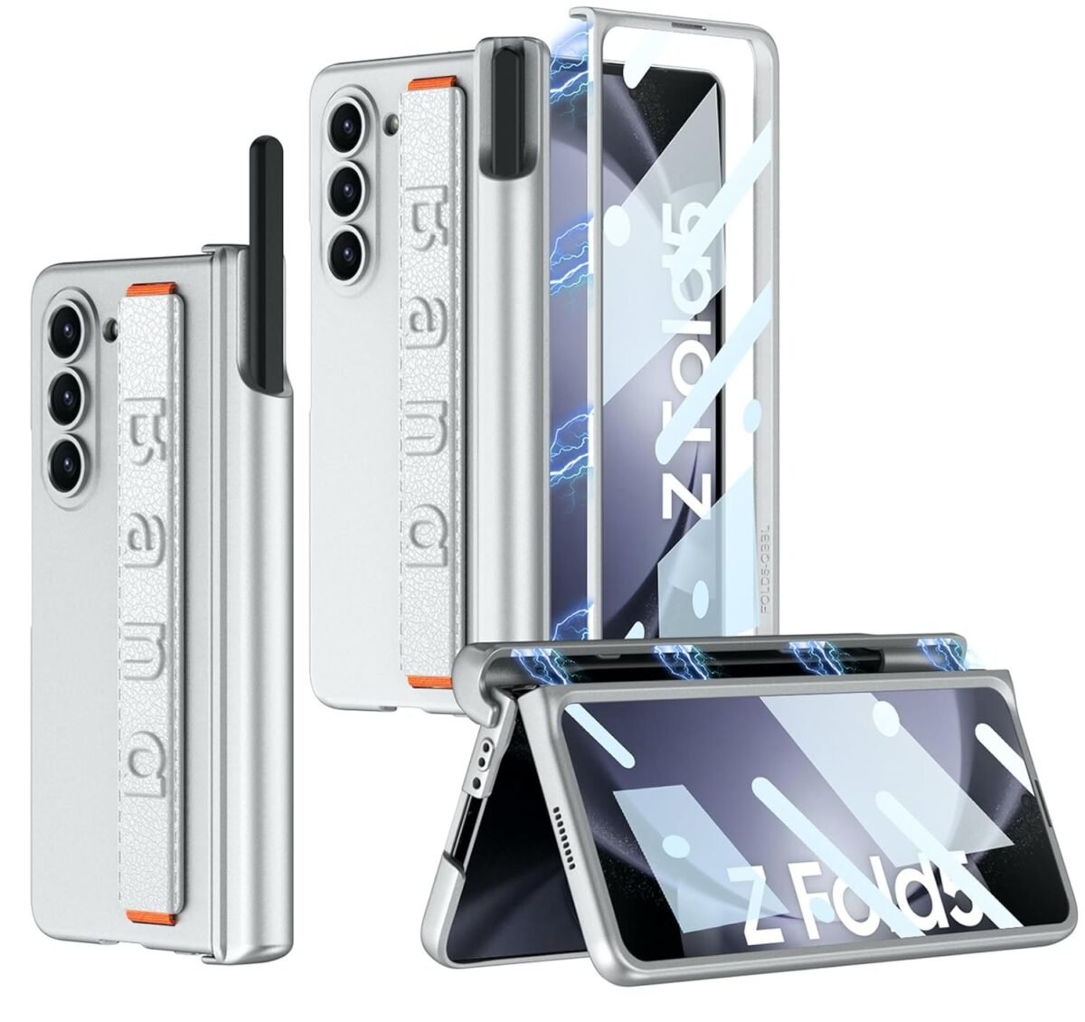 Ultra Thin Case/Cover with Leather Strap & Hinge Protector S Pen Holder for Samsung Galaxy Z Fold5 / Galaxy Fold 5 Case Cover - Matte Silver