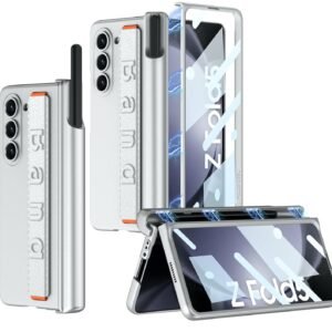 Ultra Thin Case/Cover with Leather Strap & Hinge Protector S Pen Holder for Samsung Galaxy Z Fold5 / Galaxy Fold 5 Case Cover - Matte Silver