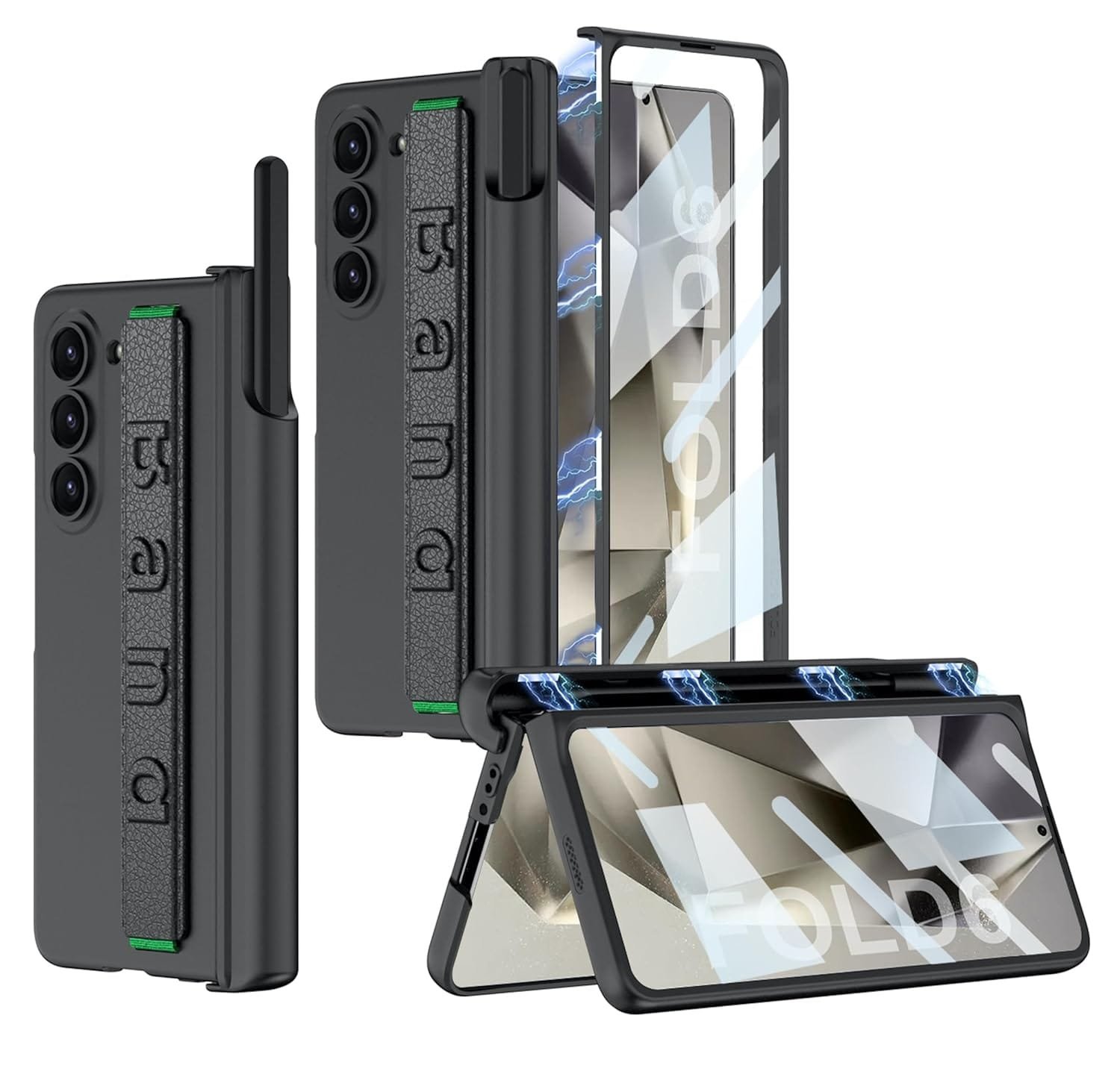 Ultra Thin Case/Cover With Leather Strap & Hinge Protector S Pen Holder For Samsung Galaxy Z Fold6 / Galaxy Fold 6 Case Cover - Matte Black