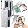 Varikke Compatible with Samsung Galaxy Z Fold 6 Wallet Case, [RFID Blocking] Card Holder, Glitter PU Leather Flip Phone Case with S Pen Holder Slot & Wrist Strap for Women Men, Silver