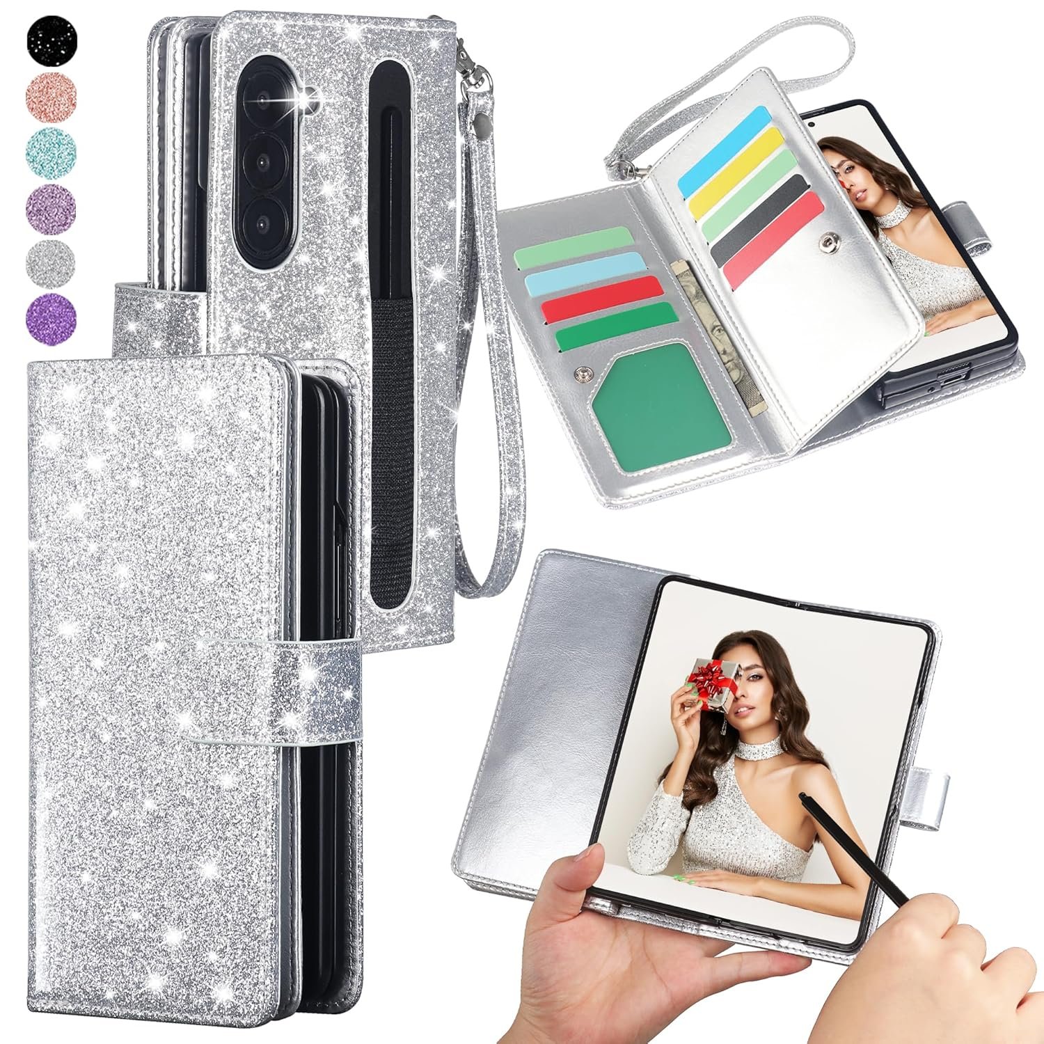 Varikke Compatible with Samsung Galaxy Z Fold 6 Wallet Case, [RFID Blocking] Card Holder, Glitter PU Leather Flip Phone Case with S Pen Holder Slot & Wrist Strap for Women Men, Silver
