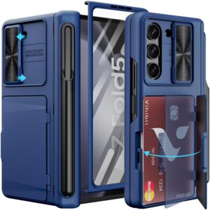 Vihibii for Samsung Z Fold 5 Case with Card Holder & S Pen Holder & Slide Camera Cover & Hinge Protection & Screen Protector, Rugged Wallet Phone Protective Case for Samsung Galaxy Z Fold 5 2023, Blue