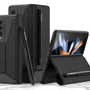 Wallet Flip Case Cover with S Pen Slot for Samsung Galaxy Z Fold4 5G / Galaxy Fold 4 5g Case Cover - (Leather | Matte Black)