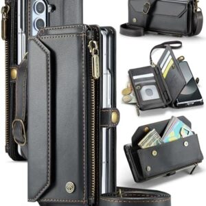 WAWZ for Samsung Galaxy Z Fold 6 Case, Women Men Multi-Function Wallet Case with Stand RFID Blocking Featuring Magnetic Closure Zipper S Pen Holder Includes Shoulder Strap Wrist Strap (Black)