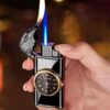 Wild World® Lifestyle Eagle Head Shiny Black Double Flame Pocket Gas Lighter With Built-In Analogue Clock | Refillable | Metal Body | Windproof & Jet Flame