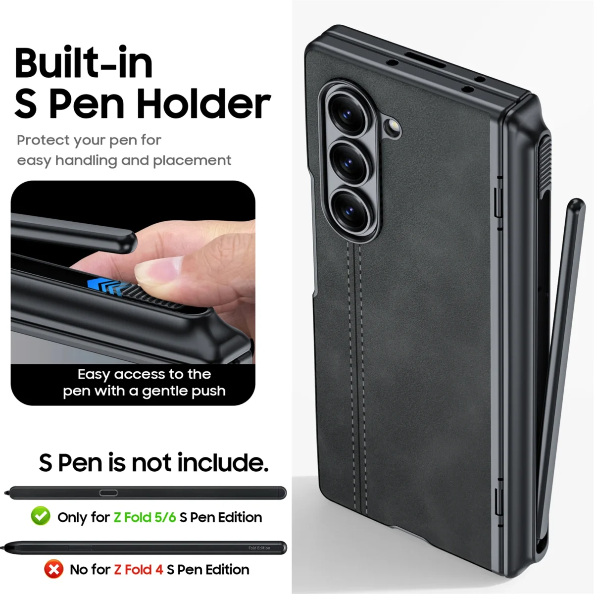 For Z Fold 6 Phone Case with S Pen Holder, Hinge Protector and Screen Protector PU Leather Matte PC Valentine's Day Gift - Image 2
