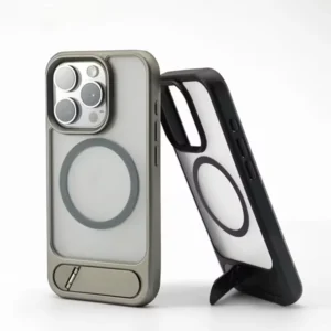 Luxury Metal Stand Clear Magnetic Phone Case For iPhone 16E 11 12 13 14 15 16 Pro Max Plus Bracket Shockproof Protector Cover