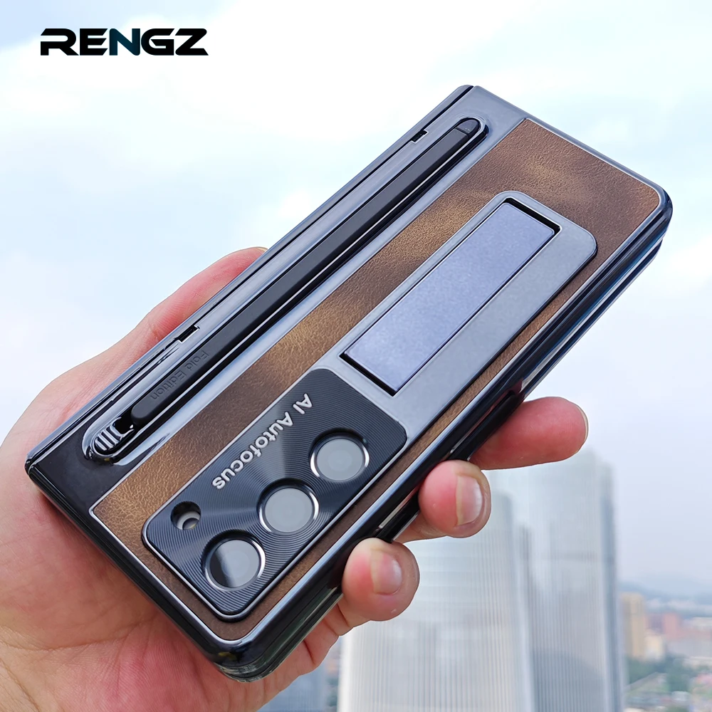 Leather Bracket Pen Slot With Stylus Fold6 Fold7 Case For Samsung Galaxy Z Fold 7 6 5 4 Glass Screen Film Hinge Protection Cover