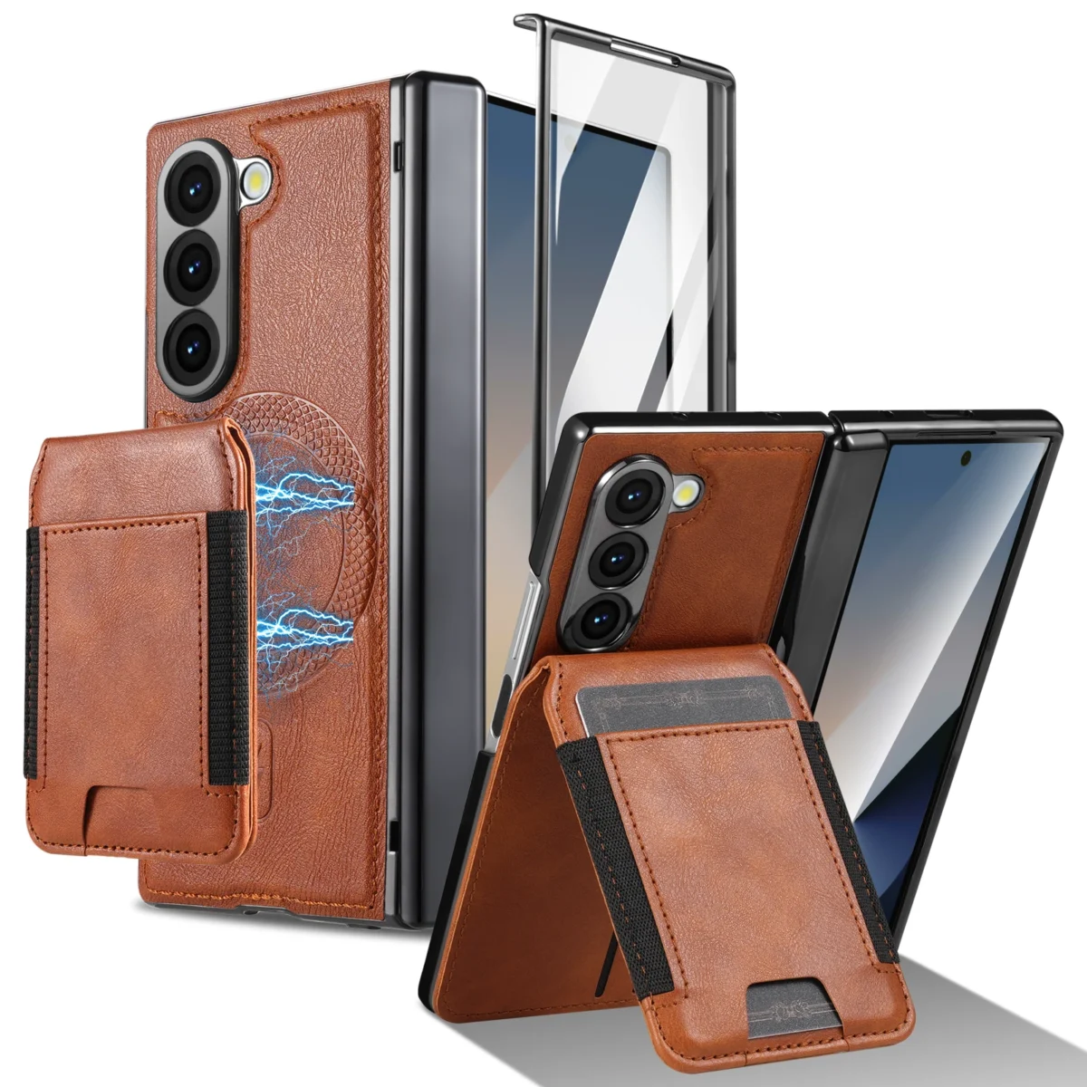 For Samsung Galaxy Z Fold 7 6 5 4 3 2-in-1 Magnetic Card Holder Wallet Phone Case Outer Screen Glass Film Hinge Shockproof Cover