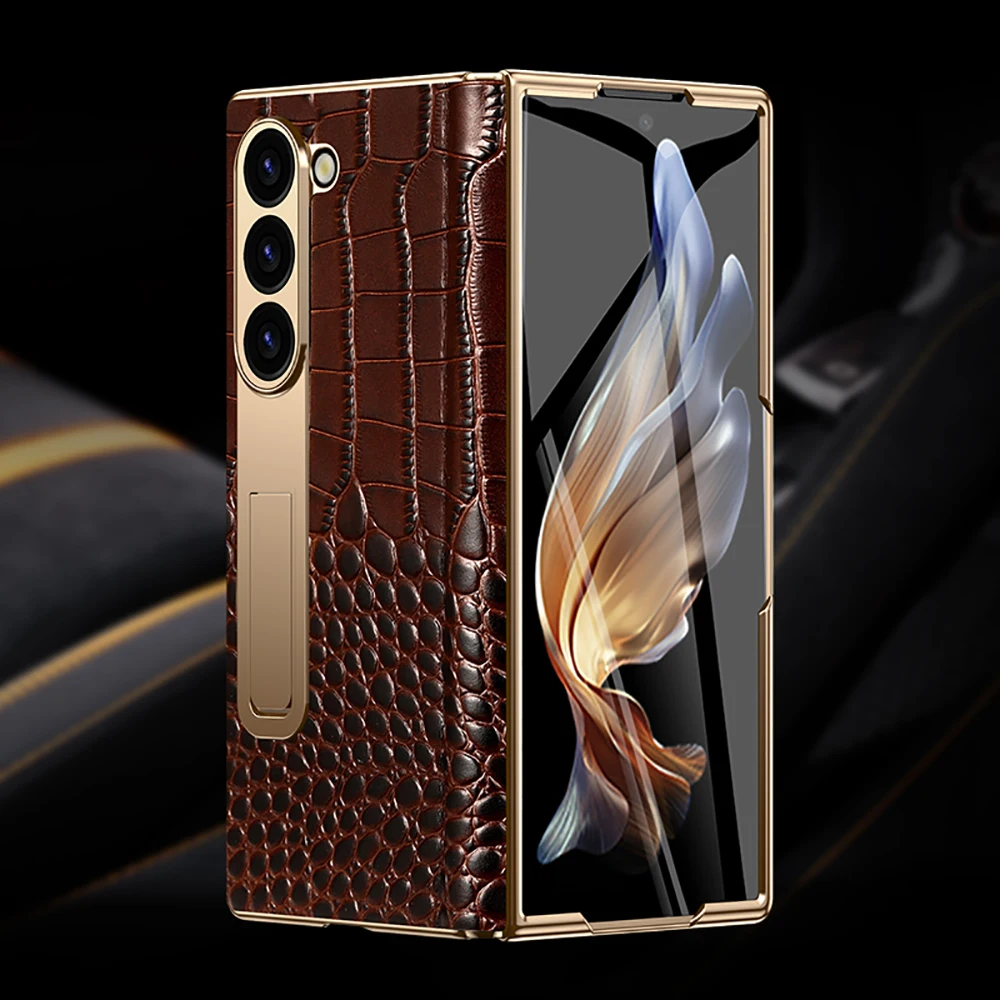 For Samsung Z Fold 7 6 5 4 3 Genuine leather Magnetic Hinge Full protective phone Case holder Kickstand fold6 Shockproof Cover