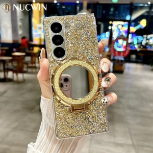 Z Fold6 Fashion Glitter Mirror Magsafe Bracket Case for Samsung Galaxy Zfold6 Fold 5 6 4 Plating Bling Diamond Magnetic Cover