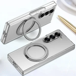 360° Rotating Magnetic Holder Phone Case for Samsung Galaxy Z Fold 7 6 5 4 3 Transparent Hard Shockproof Wireless Charging Cover