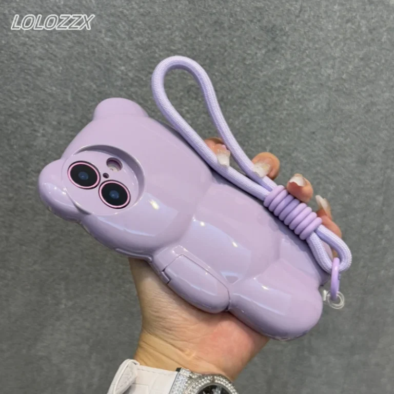 | Wholesale Price at Gaffar India Cute 3D Cartoon Bear Case For iPhone 16 15 14 13 12 Pro Max Plus Colorful Laser Rainbow Gradient Soft Cover With Wrist Strap