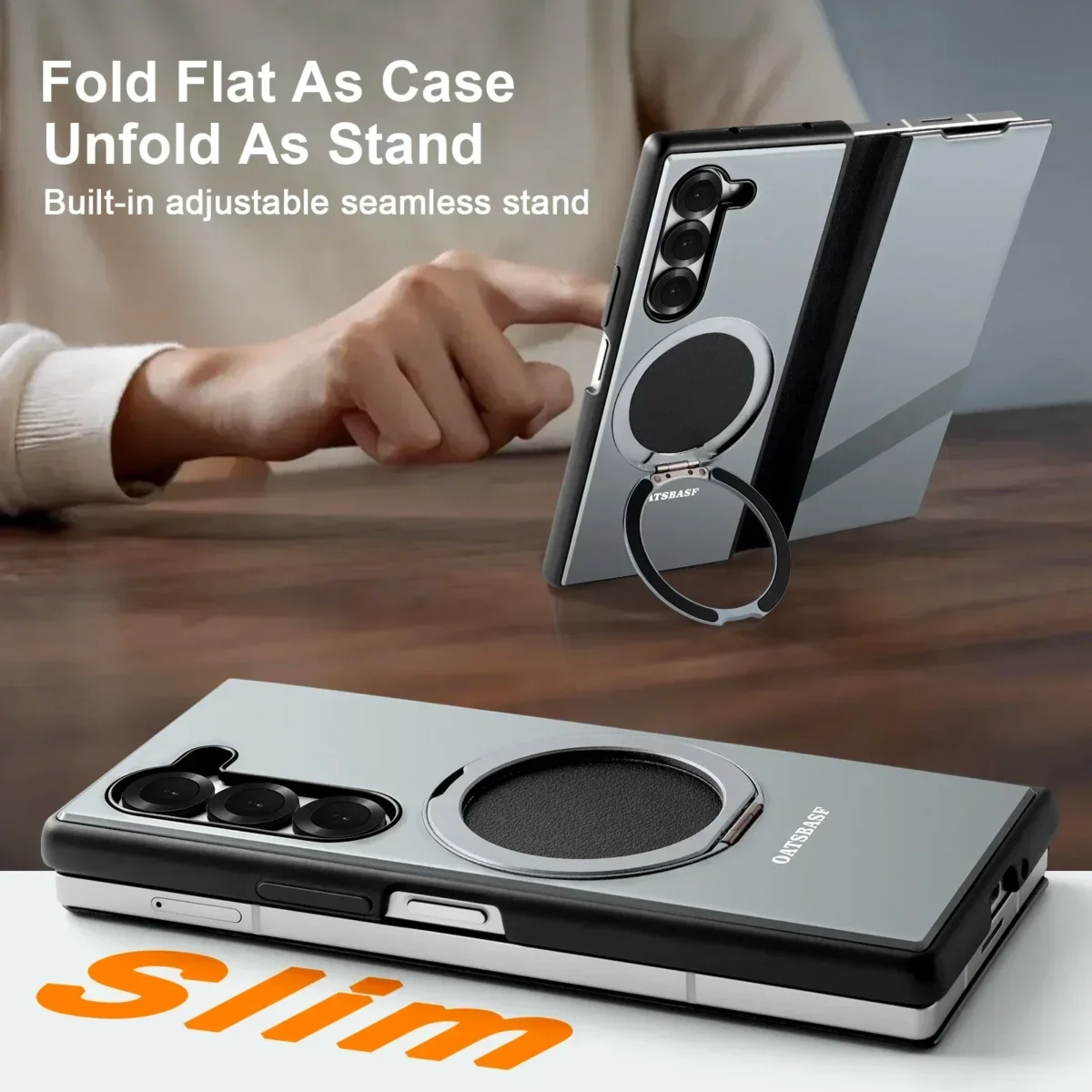 Eary For Samsung Galaxy Z Fold 6 5 Phone Case With Magsafe Kickstand 360° Rotatable Leather Full Body Protective Cover with Ring - Image 5