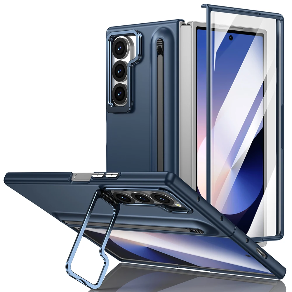 Metal Lens Stand Case For Samsung Galaxy Z Fold 7 6 5 4 With S Pen Slot Stylus Tempered Glass Screen Fold7 Fold6 Protector Cover