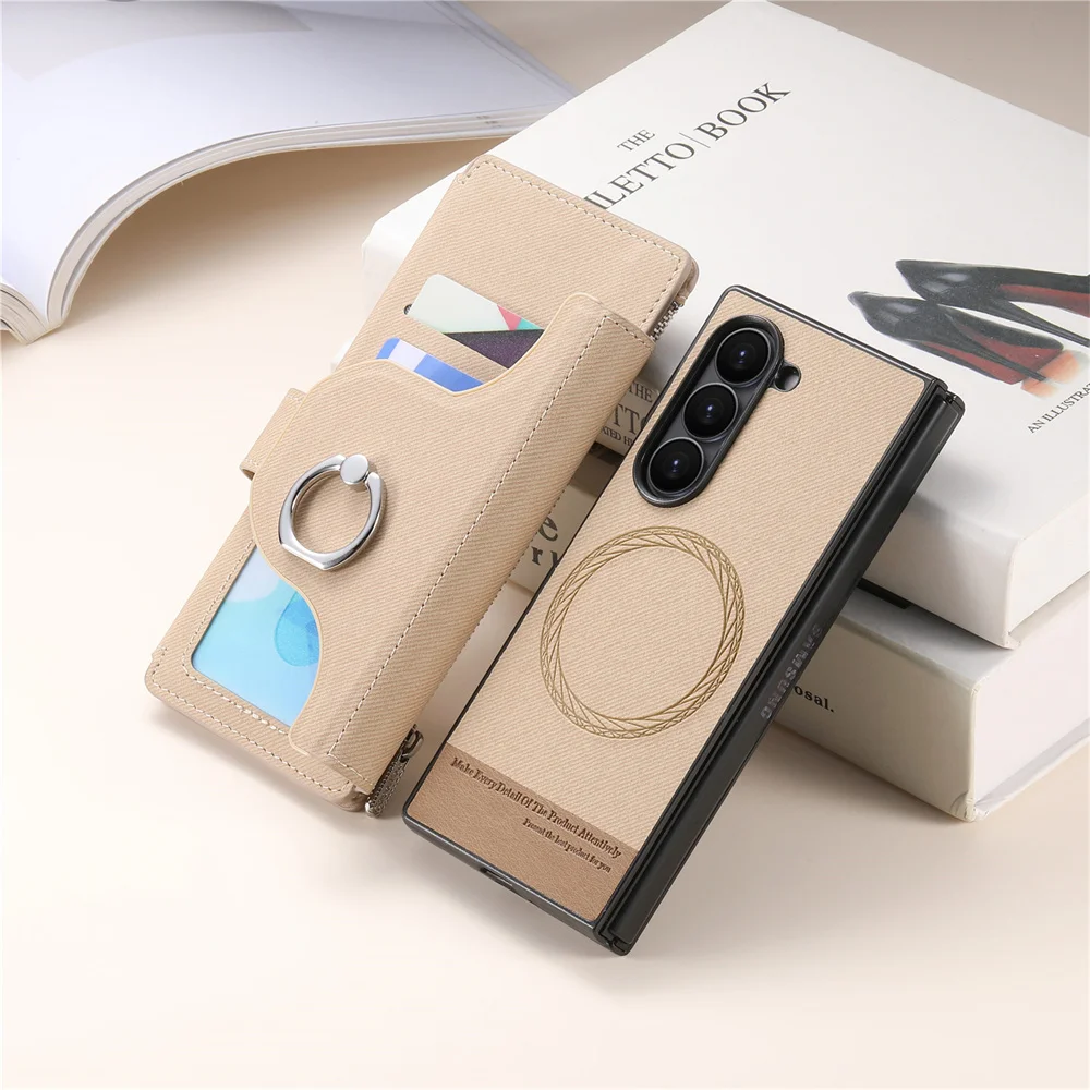 2 in 1 Detachable Magnetic Phone Case for Samsung Galaxy Z Fold 7 6 5 4 Fold7 Fold6 Ring Zipper Wallet Leather Protective Cover