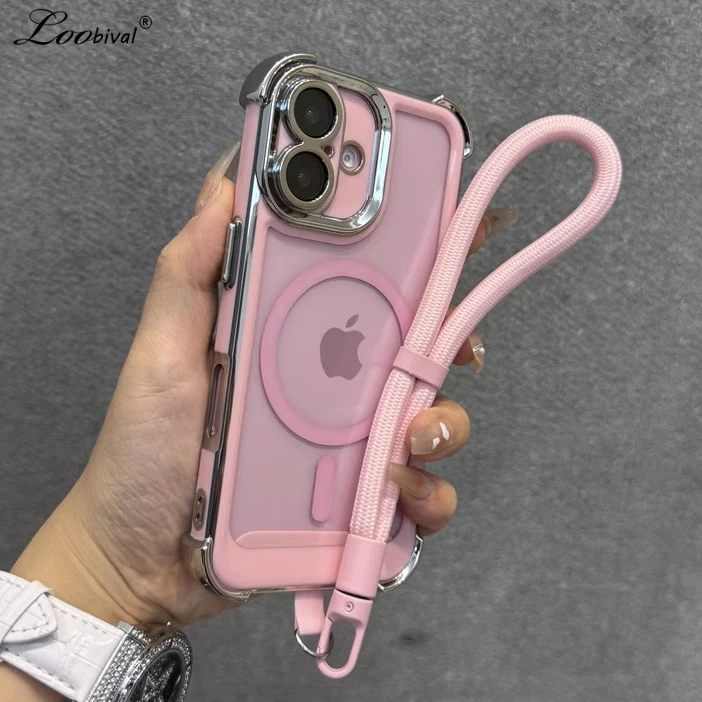 for Magsafe Double Color Lanyard Case for iPhone 16 15 14 17 Pro Max Plus Air 12 13 11 Hand Wrist Strap Airbag Transparent Cover