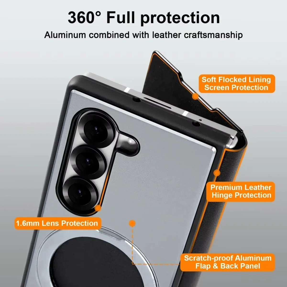 Eary For Samsung Galaxy Z Fold 6 5 Phone Case With Magsafe Kickstand 360° Rotatable Leather Full Body Protective Cover with Ring - Image 4