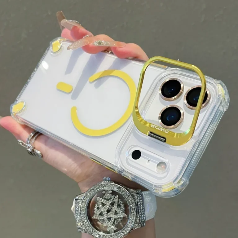 Luxury Metal Stand Glass Lens Protector Transparent Magsafe Case For iPhone 17 Air 16 15 14 Plus 13 12 17 Pro Max Magnetic Cover