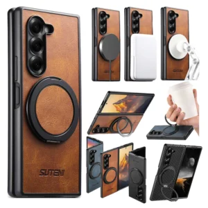 Ring Bracket Leather Wallet Case For Samsung Galaxy Z Fold 7 6 5 Magnetic Kickstand Wrieless Charging Protective Phone Cover