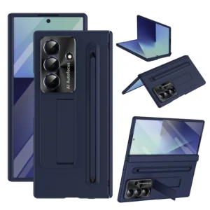 Matte Hard PC Hinge Phone Case For Samsung Galaxy Z Fold 7 6 Stylus S Pen Holder Bracket Fold6 Fold7 Glass Film Protector Cover