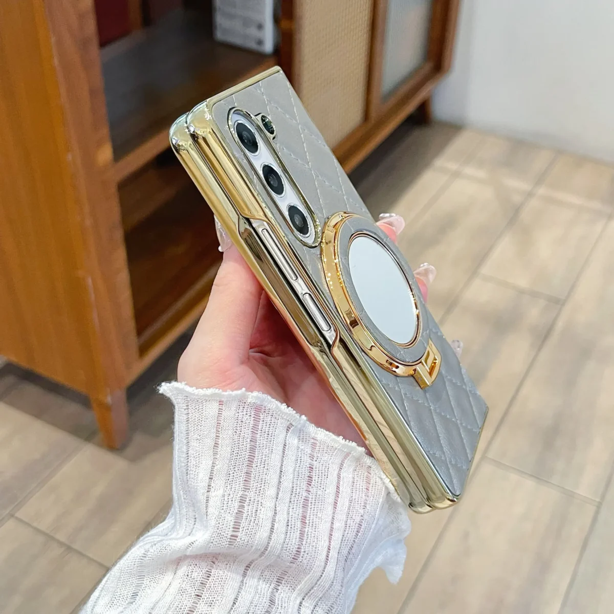 Luxury Cosmetic mirror holder Bracket Phone Case For Samsung Galaxy Z Fold 6 5 4 3 ZFold 3 Cases leather Cover - Image 4