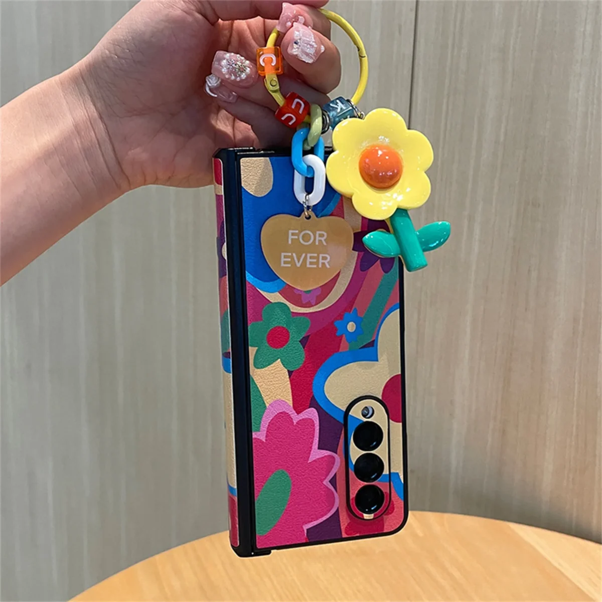 Korean Cute Oil Painting Rainbow Flower Pendant Case for Samsung Galaxy Z Fold 7 Z Fold6 Z Fold5 Z Fold4 Z Fold3 Back Cover - Image 2