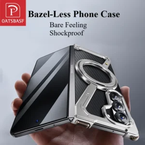 Oatsbasf for Samsung Z Fold 6 5 W24 Metal Phone Case Bezel-less Phone Cover for Samsung Folding Screen Shell w/ Magnetic Stand