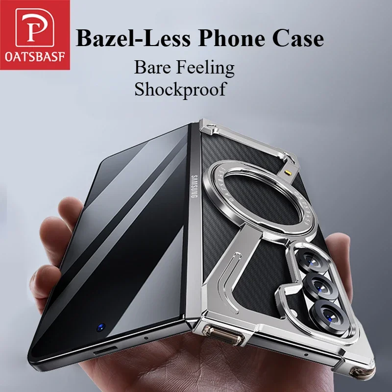 Oatsbasf for Samsung Z Fold 6 5 W24 Metal Phone Case Bezel-less Phone Cover for Samsung Folding Screen Shell w/ Magnetic Stand