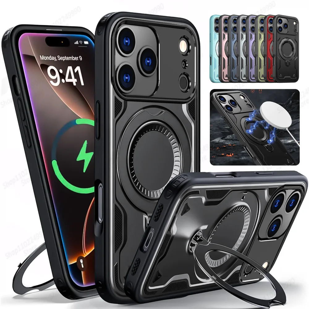 Magnetic Phone Case For iPhone 17 15 13 12 11 16 Pro Max 14 Plus 16E 17 Air For MagSafe Rotate Metal Ring Holder Protector Cover