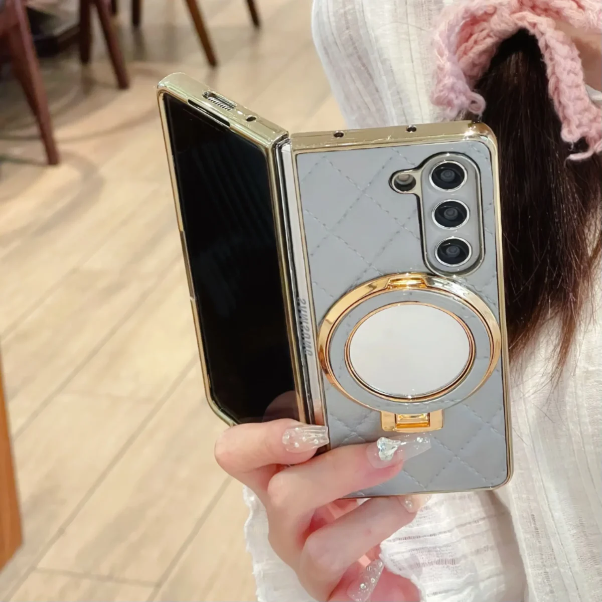 Luxury Cosmetic mirror holder Bracket Phone Case For Samsung Galaxy Z Fold 6 5 4 3 ZFold 3 Cases leather Cover - Image 3