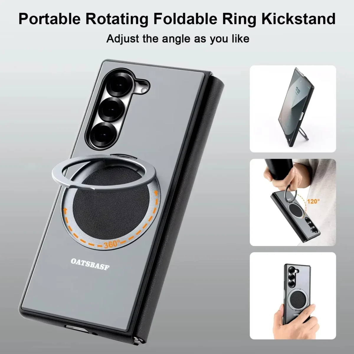 Eary For Samsung Galaxy Z Fold 6 5 Phone Case With Magsafe Kickstand 360° Rotatable Leather Full Body Protective Cover with Ring - Image 3