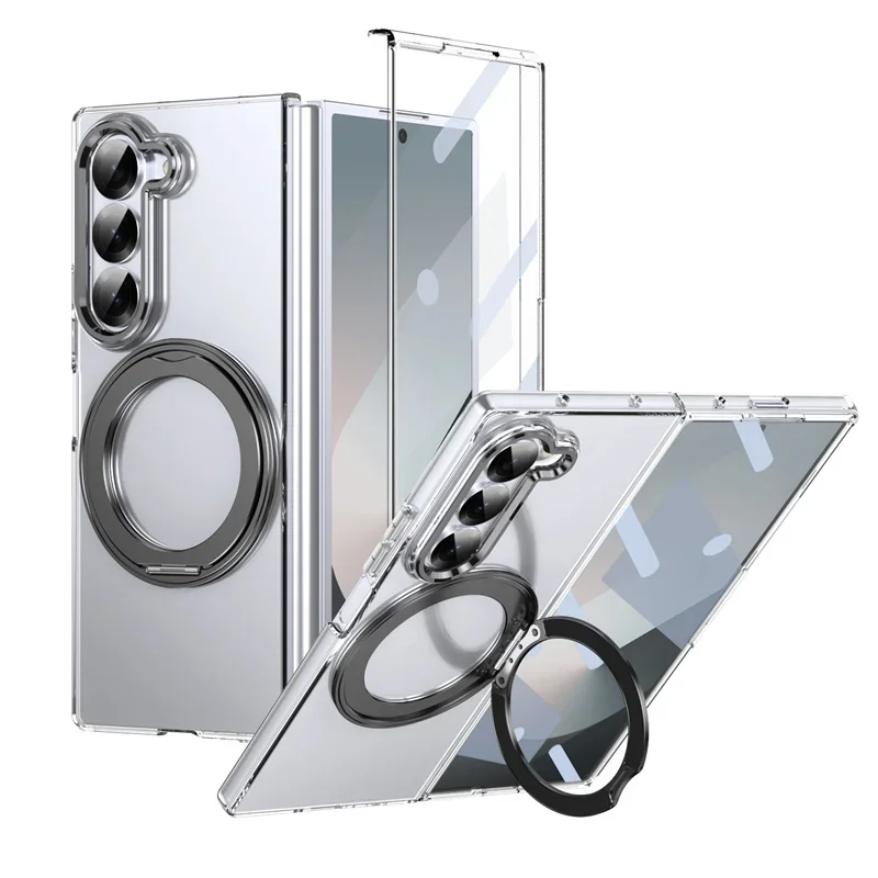 360 Rotating Magnetic Stand Transparent Phone Case for Samsung Galaxy Z Fold 7 6 5 4 3 Magsafe Wireless Charging Protect Cover