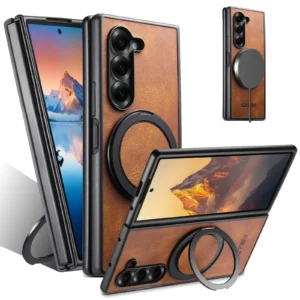 360 Rotating Ring Holder Leather Case for Samsung Galaxy Z Fold 7 6 5 5G Kickstand Magnetic for Masafe Wireless Charging Cover