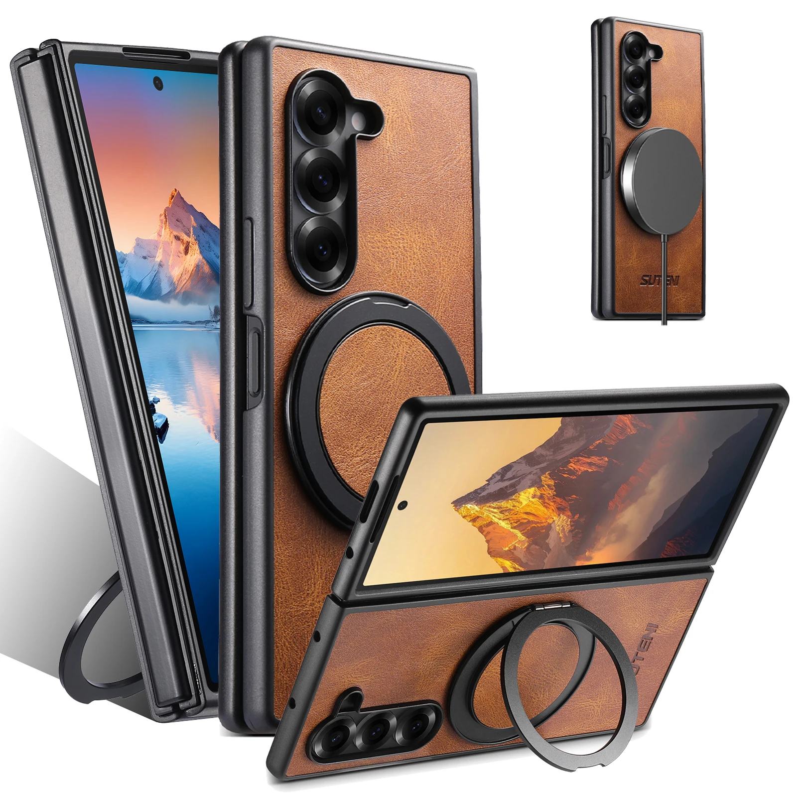 360 Rotating Ring Holder Leather Case for Samsung Galaxy Z Fold 7 6 5 5G Kickstand Magnetic for Masafe Wireless Charging Cover