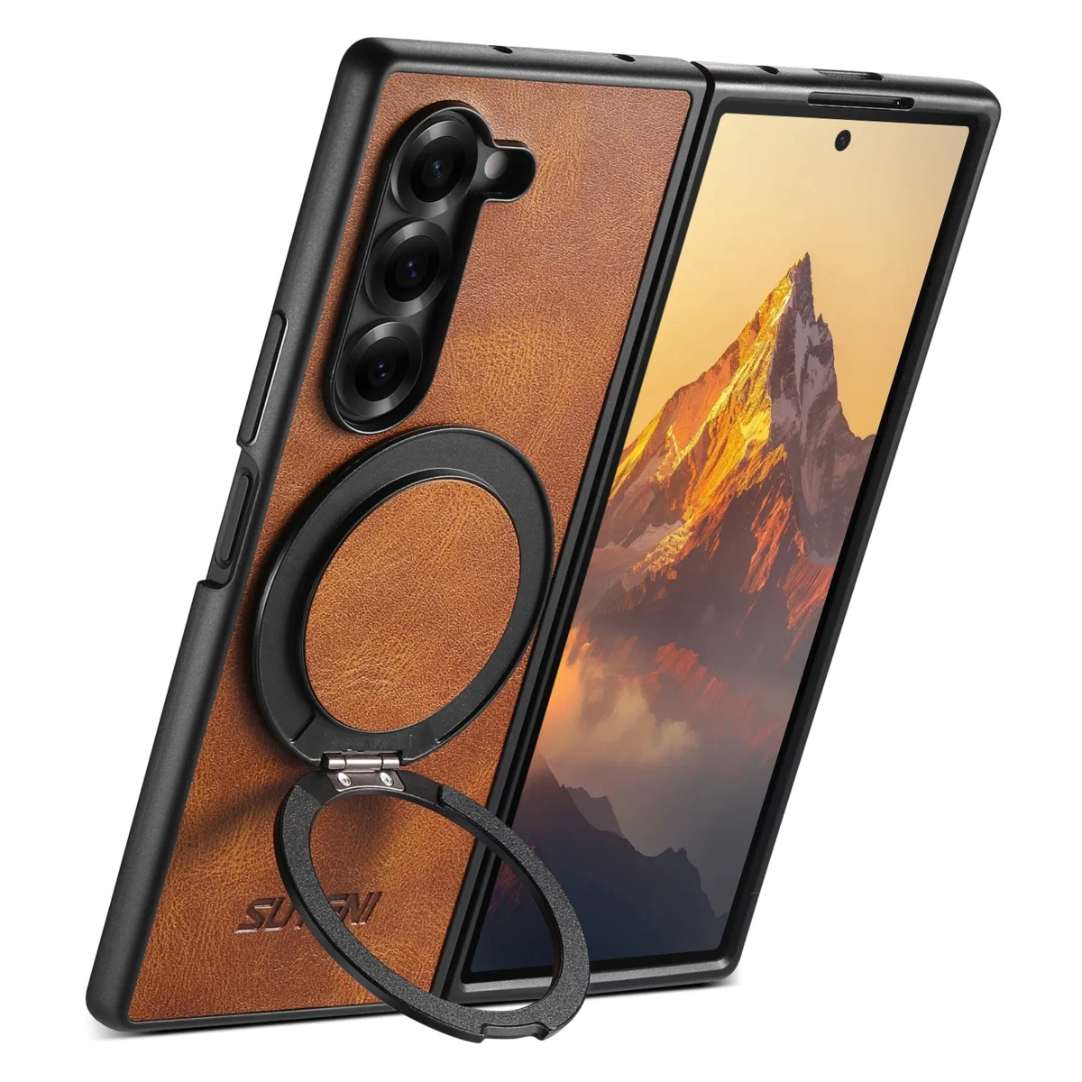 360 Rotating Ring Holder Leather Case for Samsung Galaxy Z Fold 7 6 5 5G Kickstand Magnetic for Masafe Wireless Charging Cover - Image 2