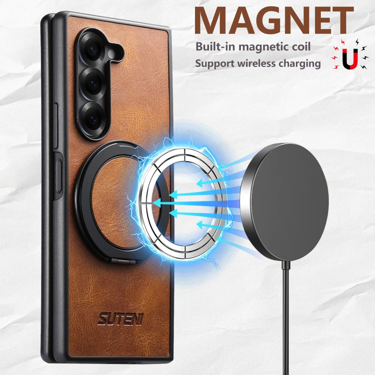 360 Rotating Ring Holder Leather Case for Samsung Galaxy Z Fold 7 6 5 5G Kickstand Magnetic for Masafe Wireless Charging Cover - Image 4