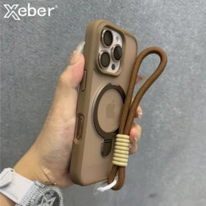 Luxury With Lanyard Stand For Magsafe Phone Case For iPhone 14 11 12 13 15 16 Pro Max Matte Frosted Translucent Protective Cover