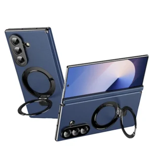Magsafe Magnetic Holder Hinge Protective Case For Samsung Galaxy Z Fold 7 6 5 Plating Leather Fold7 With Screen Glass Film Cover